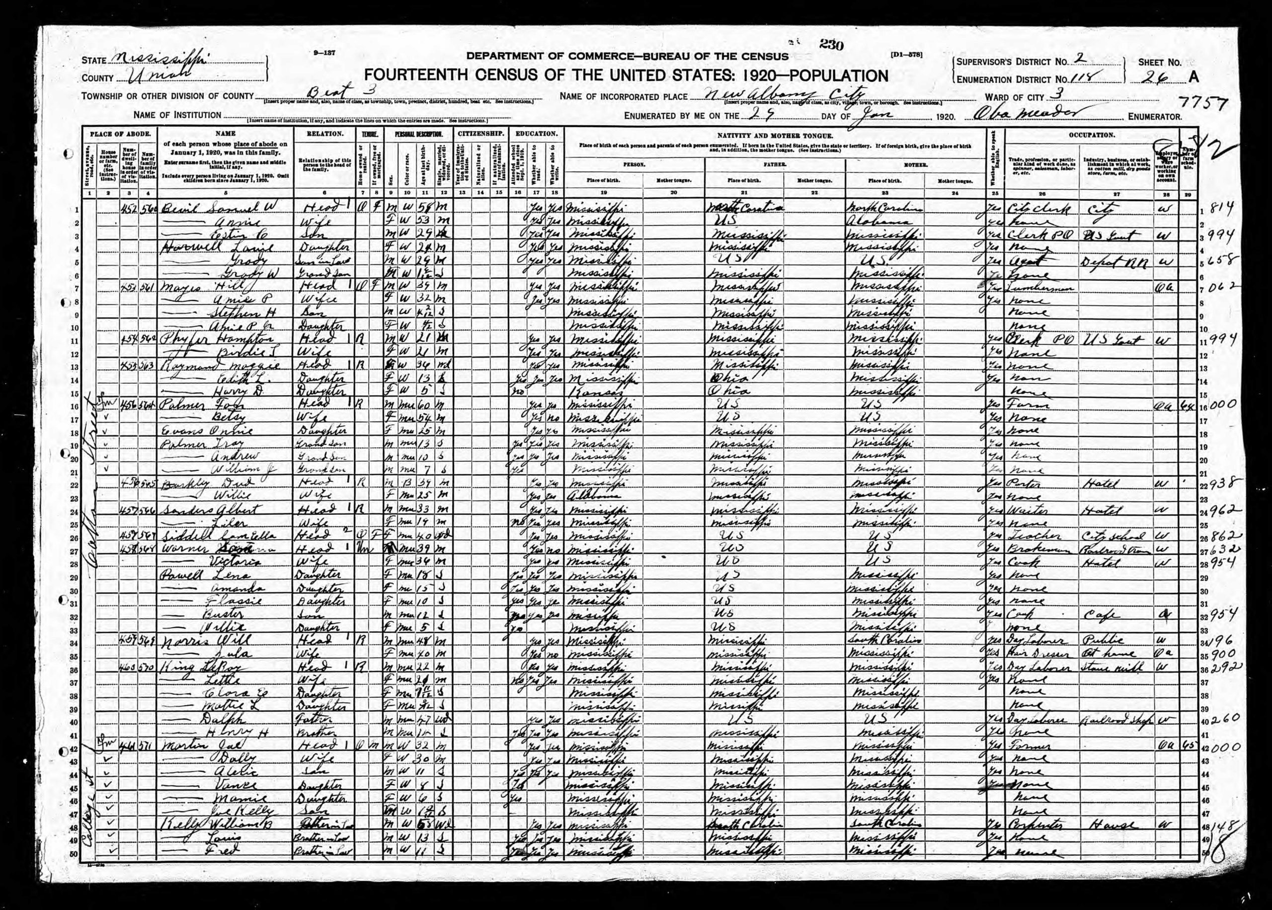 1920 Census Alfonzo Palmer